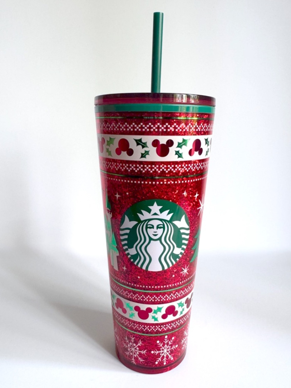 Starbucks Disneyland 2025 Holiday Fair Isle 24 oz Glitter Tumbler NWOT